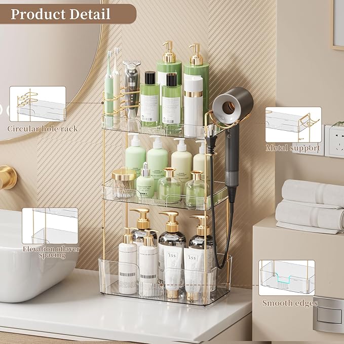 YCIA&DONE Luxury Bathroom Counter Organizer, Large Makeup Organizer Countertop, Shelf Organizer, Vanity Tray, Easily Assemble for Bathroom Organizers and Storage, Undersink, Cabinet, 3 Tiers Clear