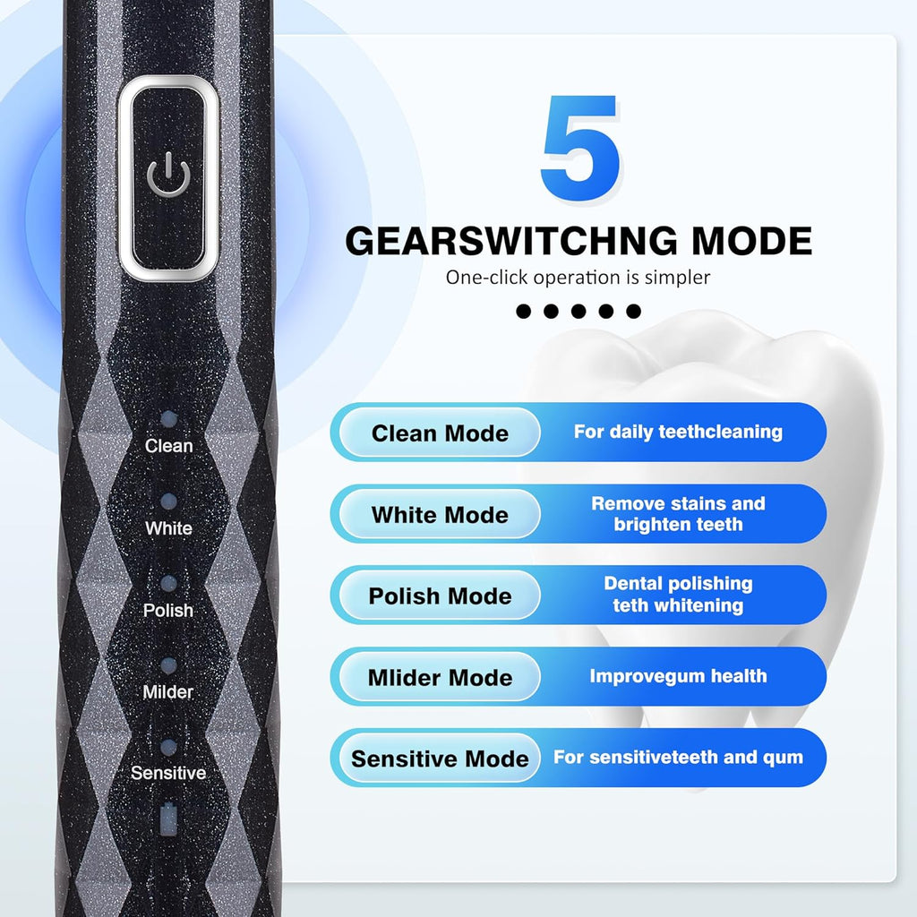 Sonic Electric Toothbrush for Adults - Deep Cleaning Teeth Whitening6 Replacement Brush Heads100-Day Battery5 Modes w/SensitiveIPX7 Waterproof (Color Options)