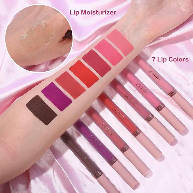 QiBest 7Pcs Matte Liquid Lipstick and 1Pcs Lip Plumper Makeup Set, Pigmented Waterproof Halloween Lip Make Up Valentine's Gift Lip Gloss Sets Long Wearing Velvet Lip Kit for Teens & Women