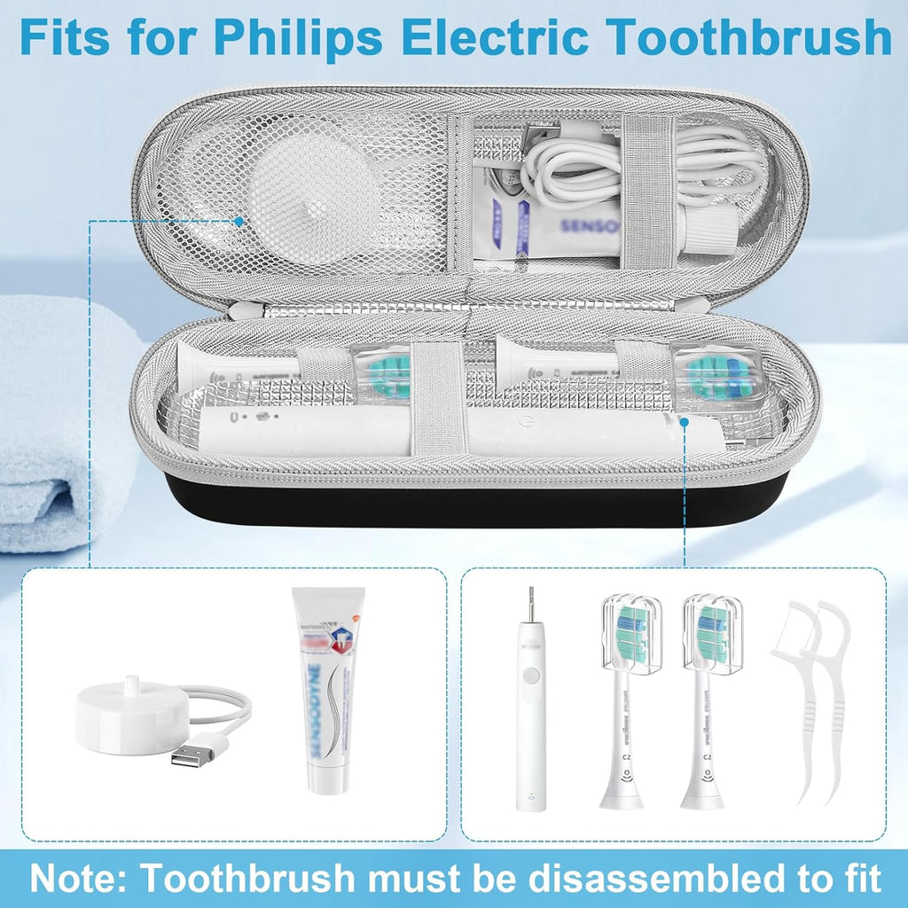 Electric Toothbrush Travel Case for Philips Sonicare 4100 6100 5100 6500 Series Electric Toothbrush, Hard EVA Toothbrush Protective Holder, Water-Resistant（Includes 2 Brush Head Covers）