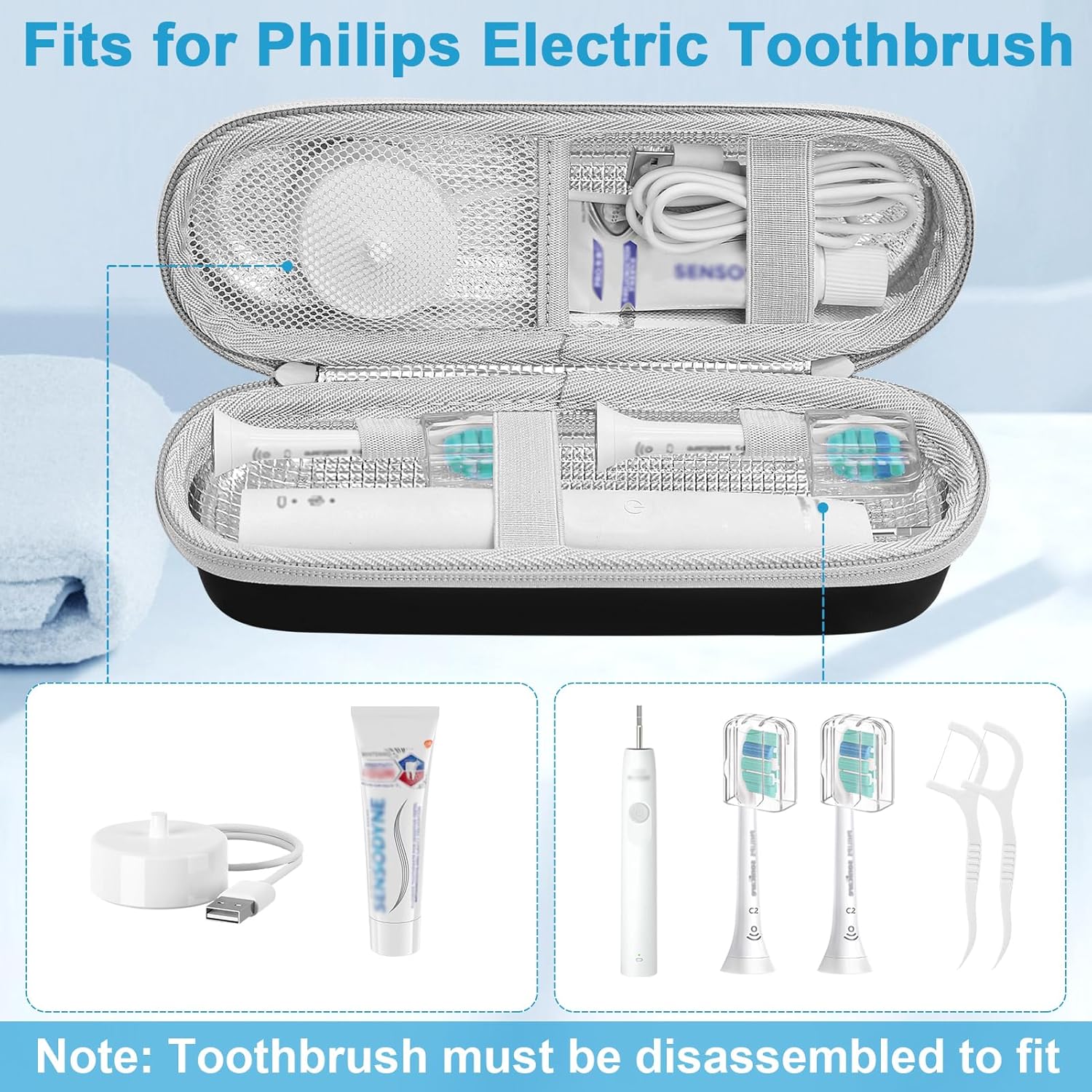 Electric Toothbrush Travel Case for Philips Sonicare 4100 6100 5100 6500 Series Electric Toothbrush, Hard EVA Toothbrush Protective Holder, Water-Resistant（Includes 2 Brush Head Covers）