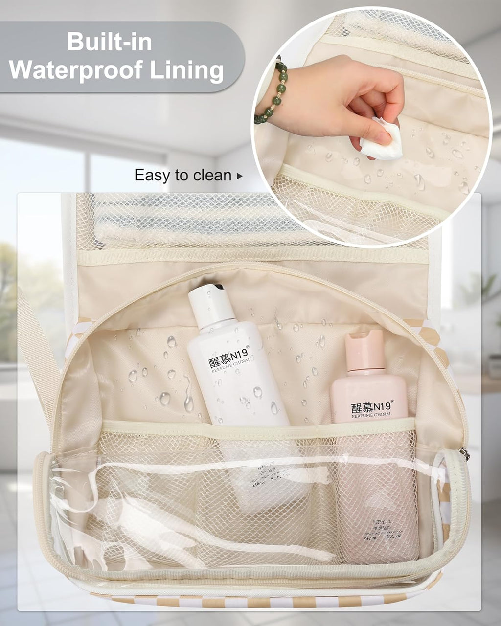 Relavel Hanging Toiletry Bag for Women, Hanging Makeup Organizer with Travel Size Toiletries, Portable Bathroom Travel Bag with Hook for Shaving Kit, Shampoo, Conditioner for Trip - Plaid