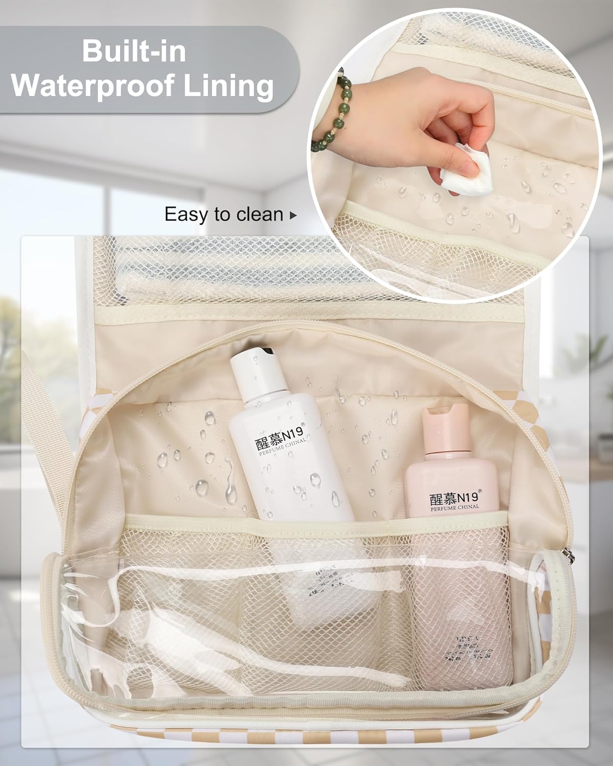 Relavel Hanging Toiletry Bag for Women, Hanging Makeup Organizer with Travel Size Toiletries, Portable Bathroom Travel Bag with Hook for Shaving Kit, Shampoo, Conditioner for Trip - Plaid