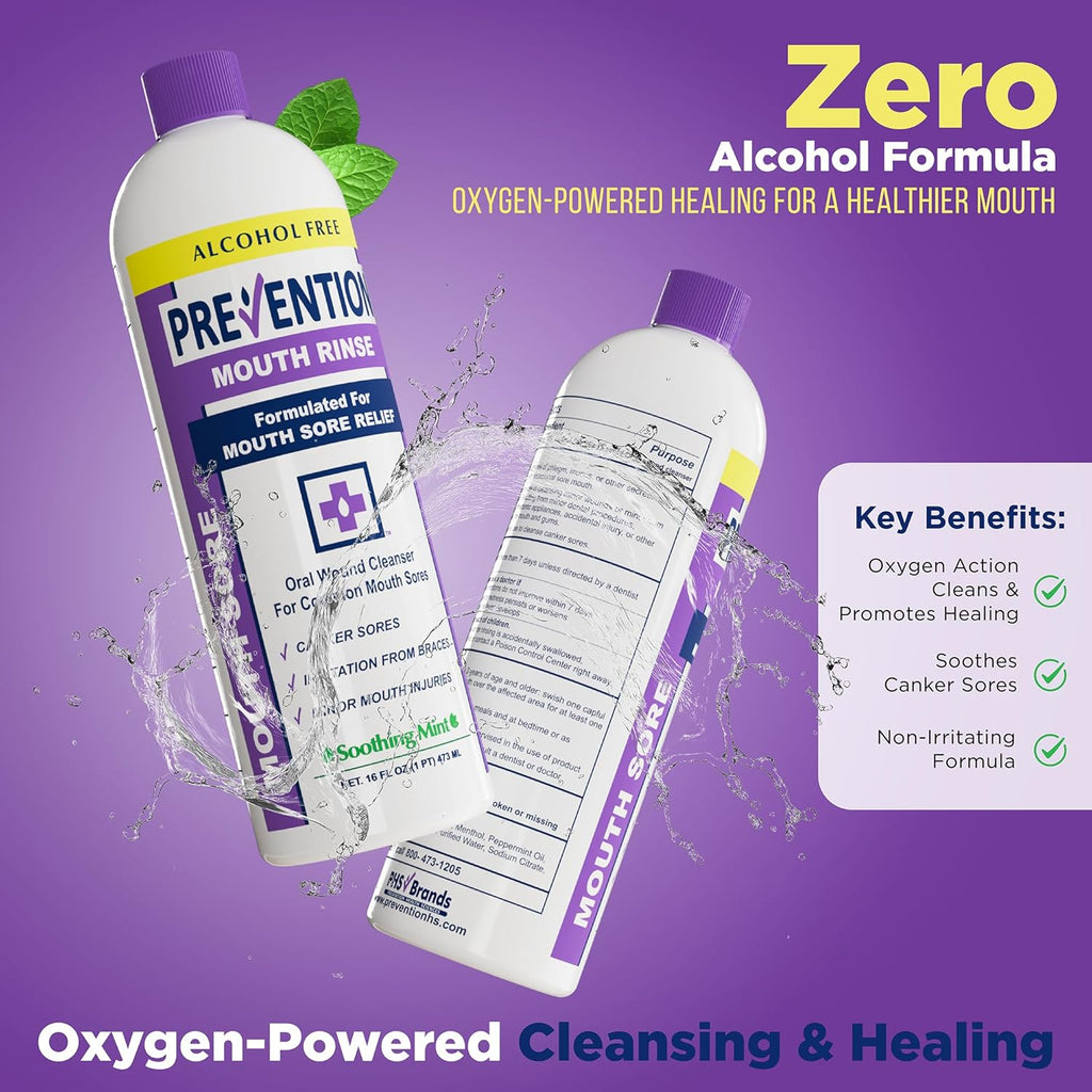 Prevention Mouth Sore Mouth Rinse, Canker Sore Treatment, Oral Pain Relief Mouthwash for Ulcers and Sores, Braces, with Hydrogen Peroxide, Alcohol-Free, Fluoride Free, 16 oz, Soothing Mint, 4 Pack