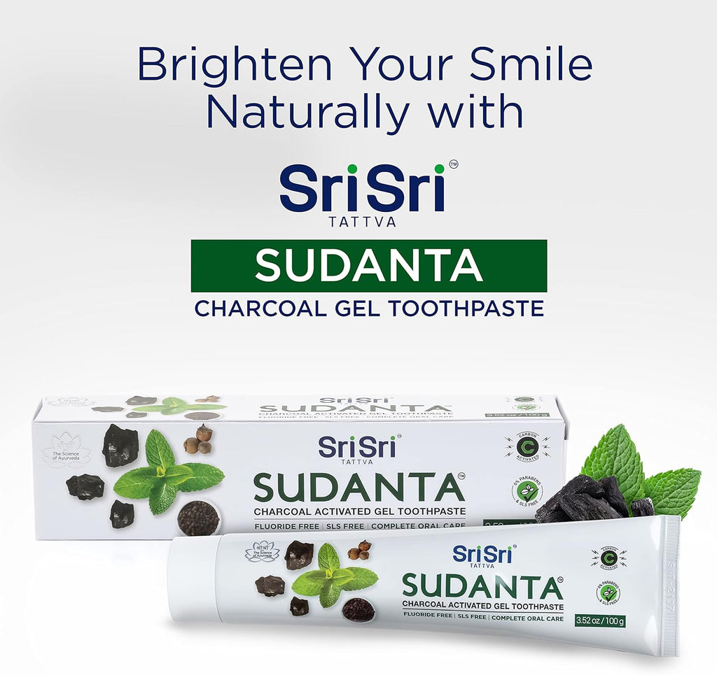 Sri Sri Tattva Sudanta Charcoal Toothpaste Gel – SLS, Fluoride Free Herbal Toothpaste with Neem & Ayurvedic Herbs – Natural Teeth Whitening, Fresh Breath, Oral & Gum Health – 100g Tube (Pack of 2)