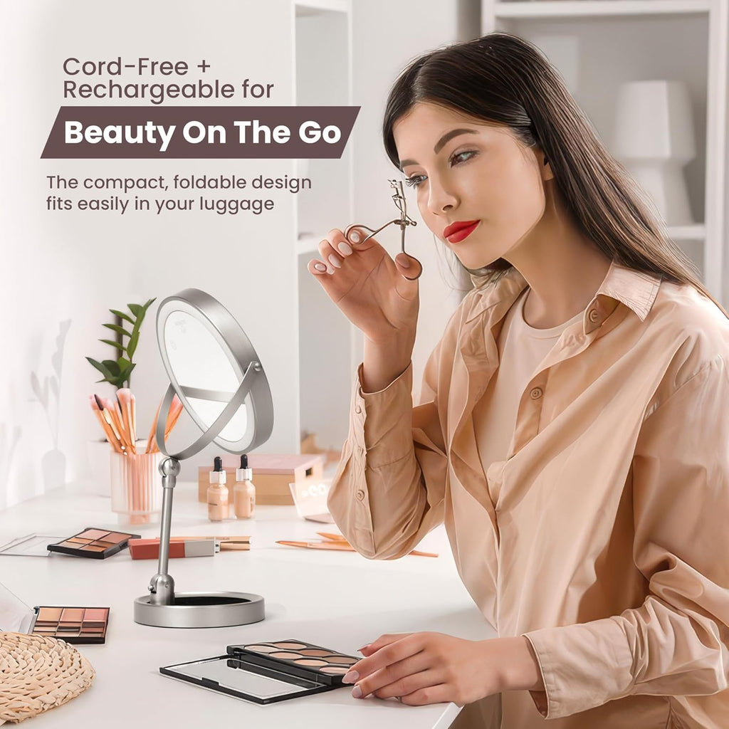 Smart 9" LED Light Makeup Mirror, Rechargeable, 1X/10X Magnifying Vanity Mirror with 3 Color Lights, Height Adjustable, Large Tall 360° Swivel Double Sided Standing Travel Mirror (Black)