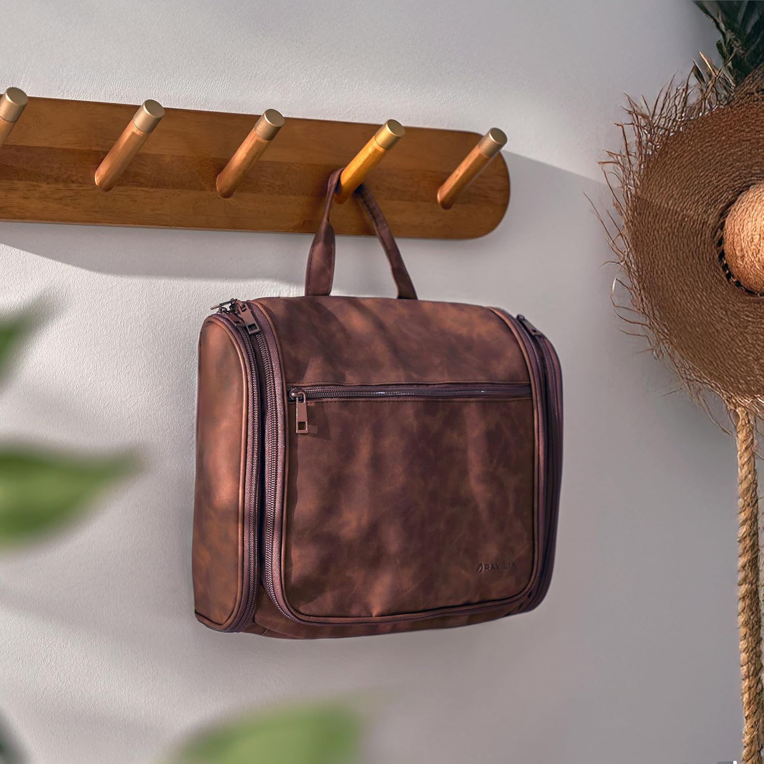 PAVILIA Large Hanging Toiletry Bag Travel Bag Women Men, PU Leather Cosmetic Organizer, Water Resistant Makeup Bag Accessories Toiletries, Travel Essentials Kit, Brown