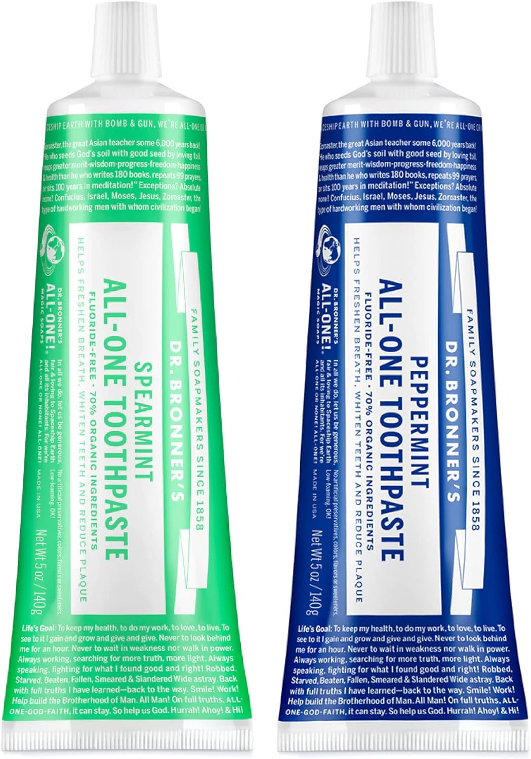 Dr. Bronner’s - All-One Toothpaste Variety Pack - Peppermint & Spearmint, 70% Organic Ingredients, Fluoride-Free, Helps Freshen Breath, Vegan (5oz, 2-Pack)