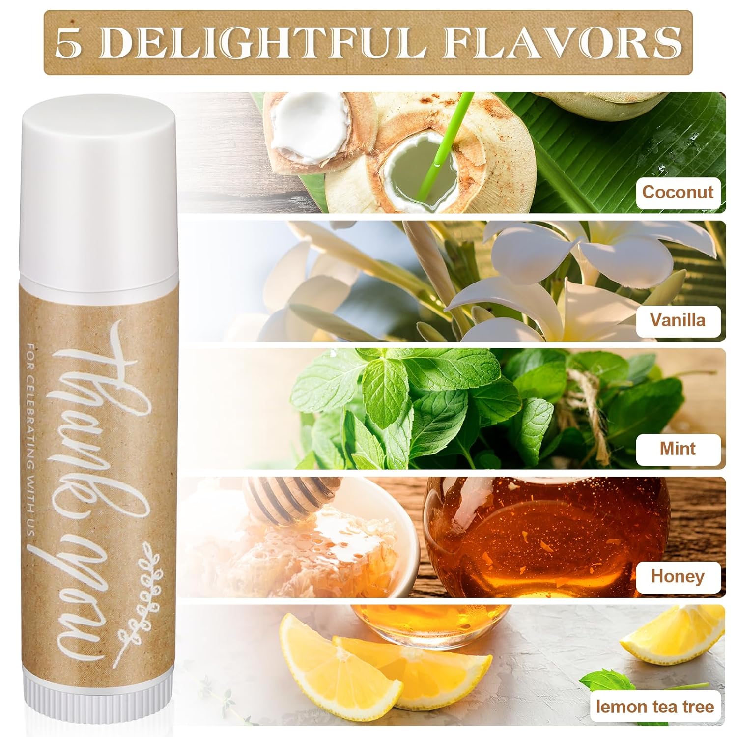 Leelosp Wedding Thank You Lip Balm Bulk Small Natural Moisturizing Mini Balm Lip Care Product Include Organza Bag and Appreciation Card for Women Baby Shower Favors, 5 Fragrance (100 Sets)