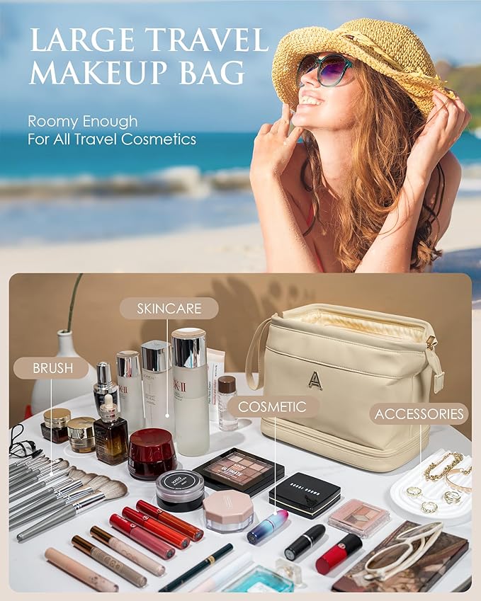 Teacher Appreciation Gifts-Initial Large Makeup Bag, Double Layer Cosmetic Bag with Makeup Brush Organizer, Birthday Gift Bag for Women/Girl PU Leather Toiletry Bag