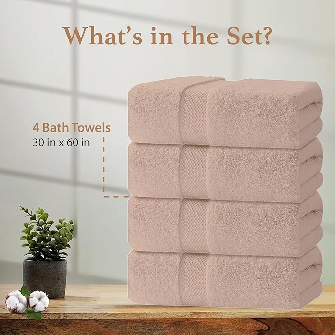 100% Cotton Bath Towels, Pack of 4 Towels for Bathroom, Luxury 700 GSM Bath Towel, Highly Absorbent Bathroom Towel Set, 30 x 60 Inches Large Bath Towels, Super Soft & Quick Dry Towel Set, Blush