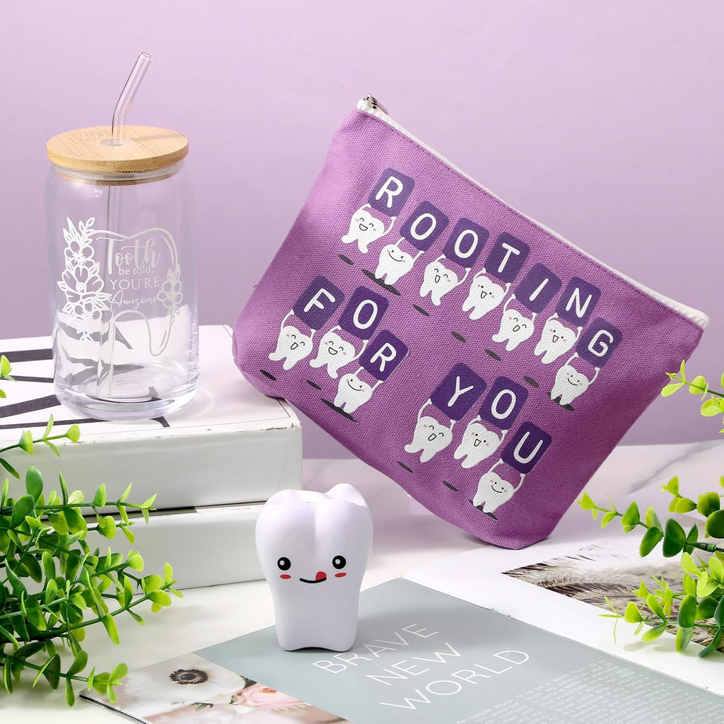 Sliner 3 Pcs Dental Hygiene Gifts Assistant Hygienist Gifts 16 oz Glass Cups Makeup Bag Teeth Stress Toy for Women Coworkers Nurse Dentist Retirement Graduation Christmas Birthday Gift(Purple)