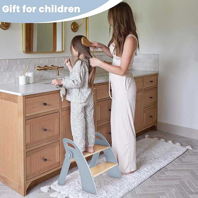 Wooden Step Stool, Two Step Stools, 300 lb. Load Capacity, with Safety Non-Slip Pads and Handles, Bamboo Step Stool for Bathroom and Kitchen, Children's Christmas Gift（Blue）