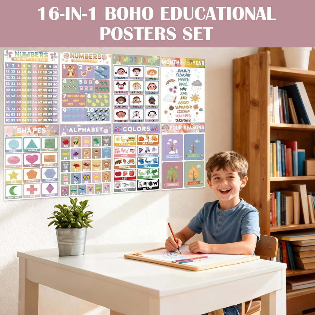 16 Educational Posters for Preschoolers, Laminated PreK Learning Poster Charts for Toddlers 1-3, Learning Wall Charts for Kids’ Bedroom, Playroom, Preschool, Kindergarten and Homeschool (Morandi A)