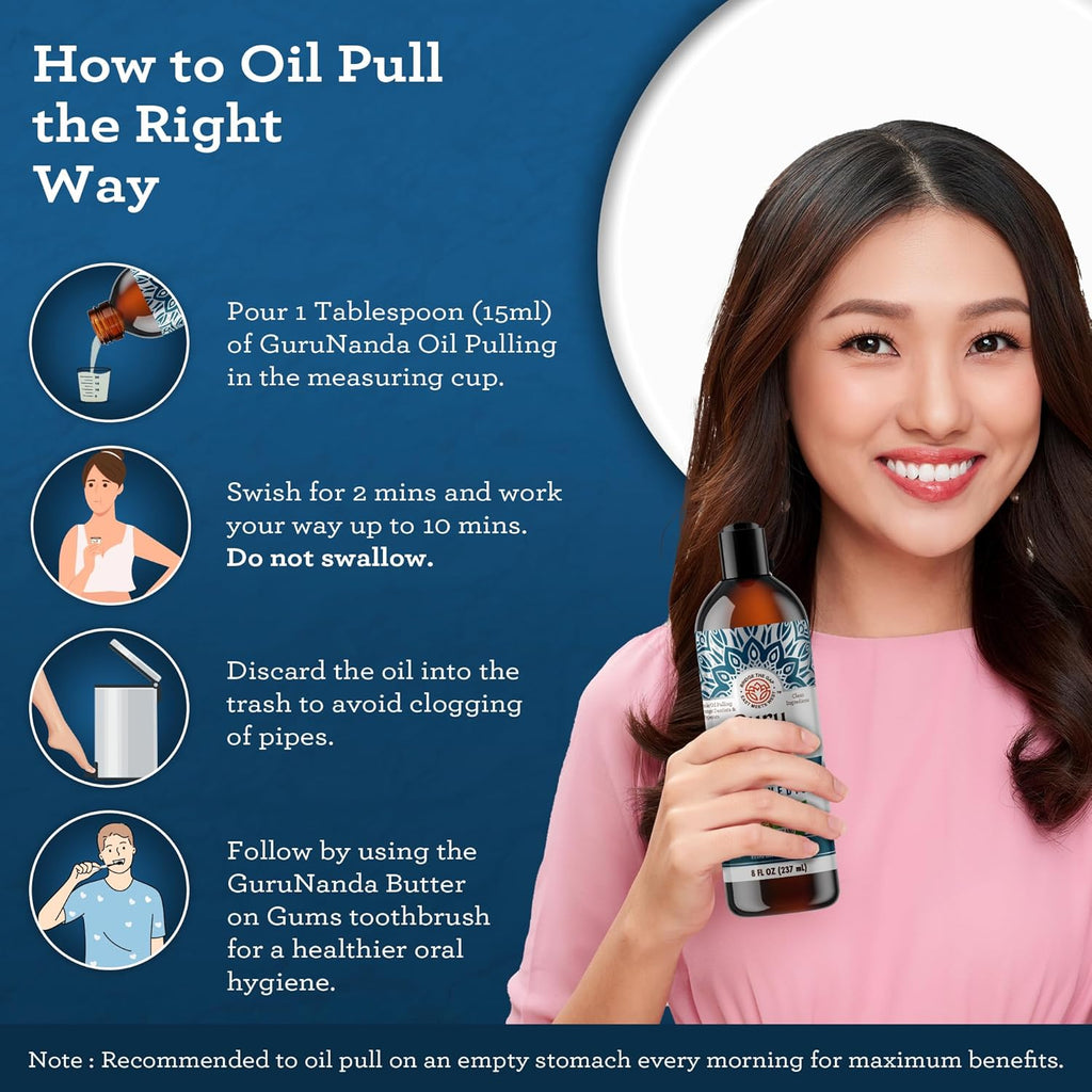 GuruNanda Advanced Oil Pulling Mouthwash for Enhanced Oral Care with Sesame & Oregano Oil, Promotes Deep Cleaning for Healthy Teeth & Gums, with Toothbrushes & Tongue Scrapers, Alcohol-Free, 3X8 Oz