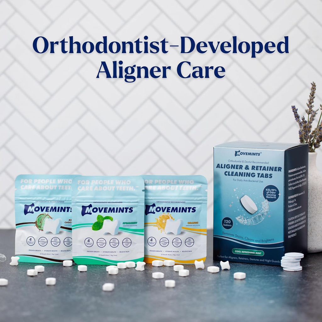 Movemints Cleaning Tablets for Aligners, Retainers, Dentures, Night Guard – Ultrasonic Compatible – Freshen Appliance and Remove Stains, Odors, and Plaque – Mint, 120 Count