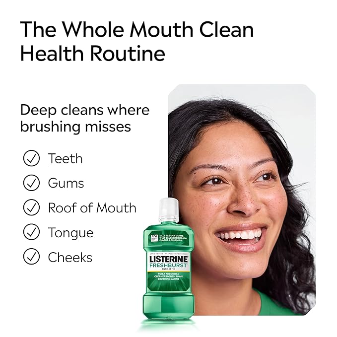 Listerine Freshburst Antiseptic Mouthwash for Bad Breath, Kills 99% of Germs That Cause Bad Breath & Fight Plaque & Gingivitis, ADA Accepted Mouthwash, Spearmint, 500 mL