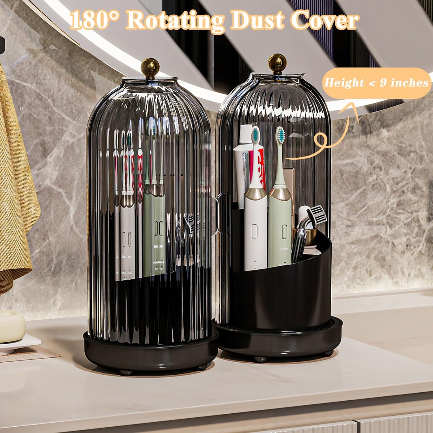 Toothbrush Holders with Cover, Drainage Rotating Electric Toothbrush Organizer, 3 Slots Tooth Brush Holder for Bathroom Counter, Gray Black