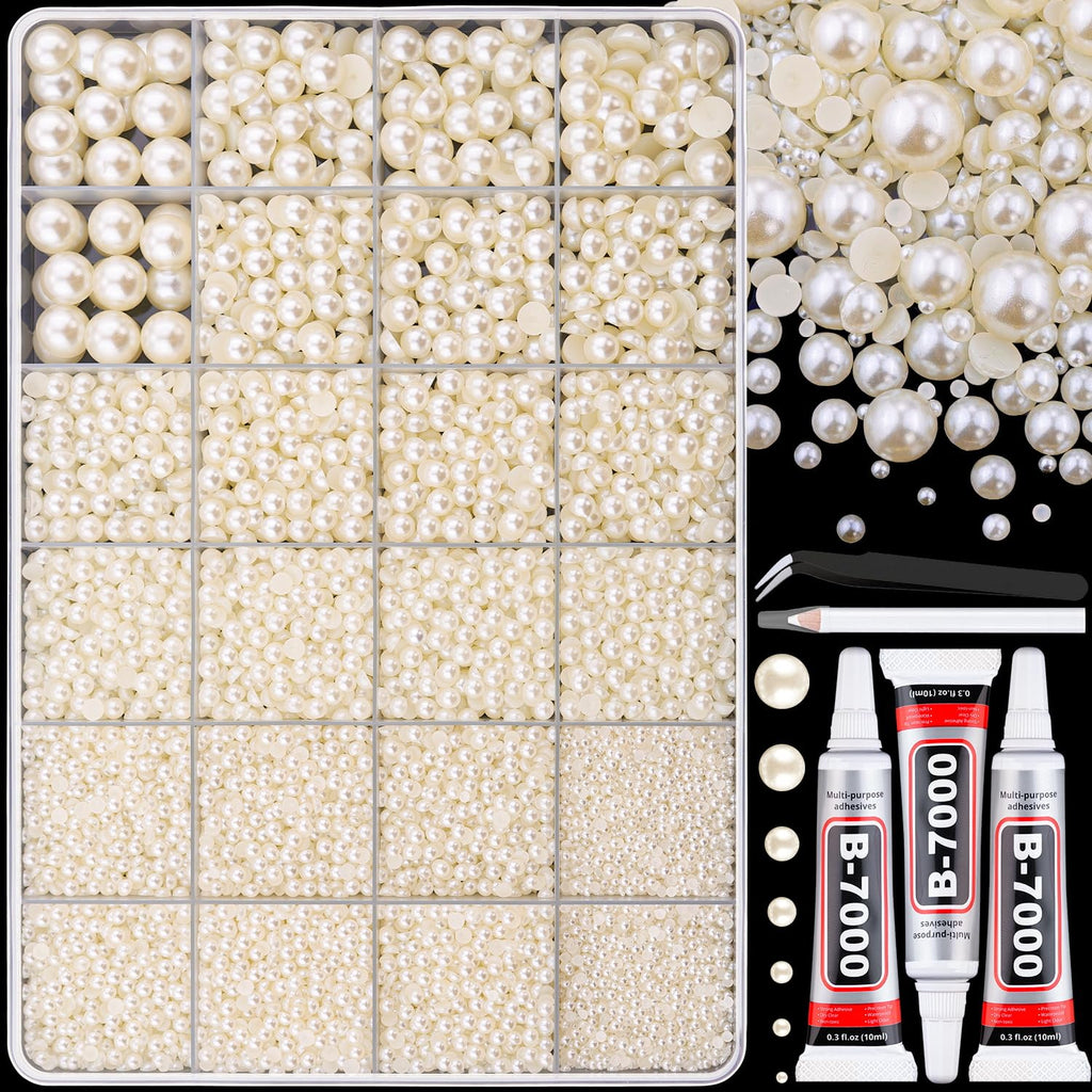13500Pcs Flatback Pearls for Bedazzling (Beige) with 3Pcs B7000 Jewelry Glue, Assorted Size 2/3/4/5/6/8/10mm Half Pearl, Bedazzling Gems for Crafting Clothing Tumbler Shoes Embellishment Nail Art