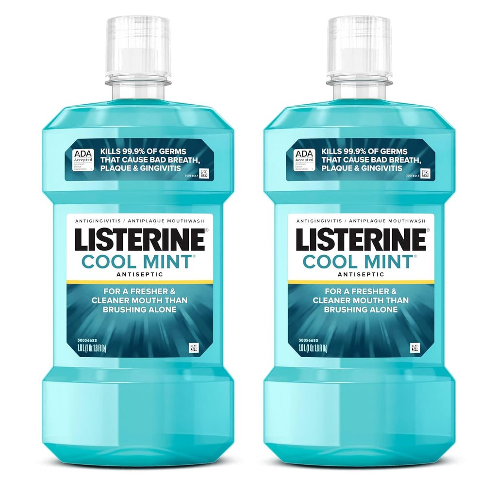 Listerine Cool Mint Antiseptic Mouthwash, Kills 99.9% of Germs That Cause Bad Breath, Plaque & Gingivitis, ADA Accepted, Clinically Proven, Cool Mint Flavor, for Adults, 1L Bottles, 2 Pack