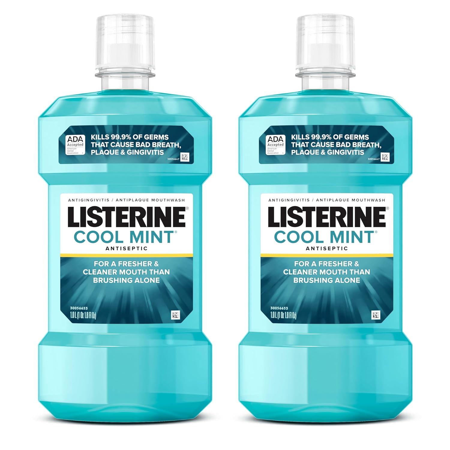 Listerine Cool Mint Antiseptic Mouthwash, Kills 99.9% of Germs That Cause Bad Breath, Plaque & Gingivitis, ADA Accepted, Clinically Proven, Cool Mint Flavor, for Adults, 1L Bottles, 2 Pack