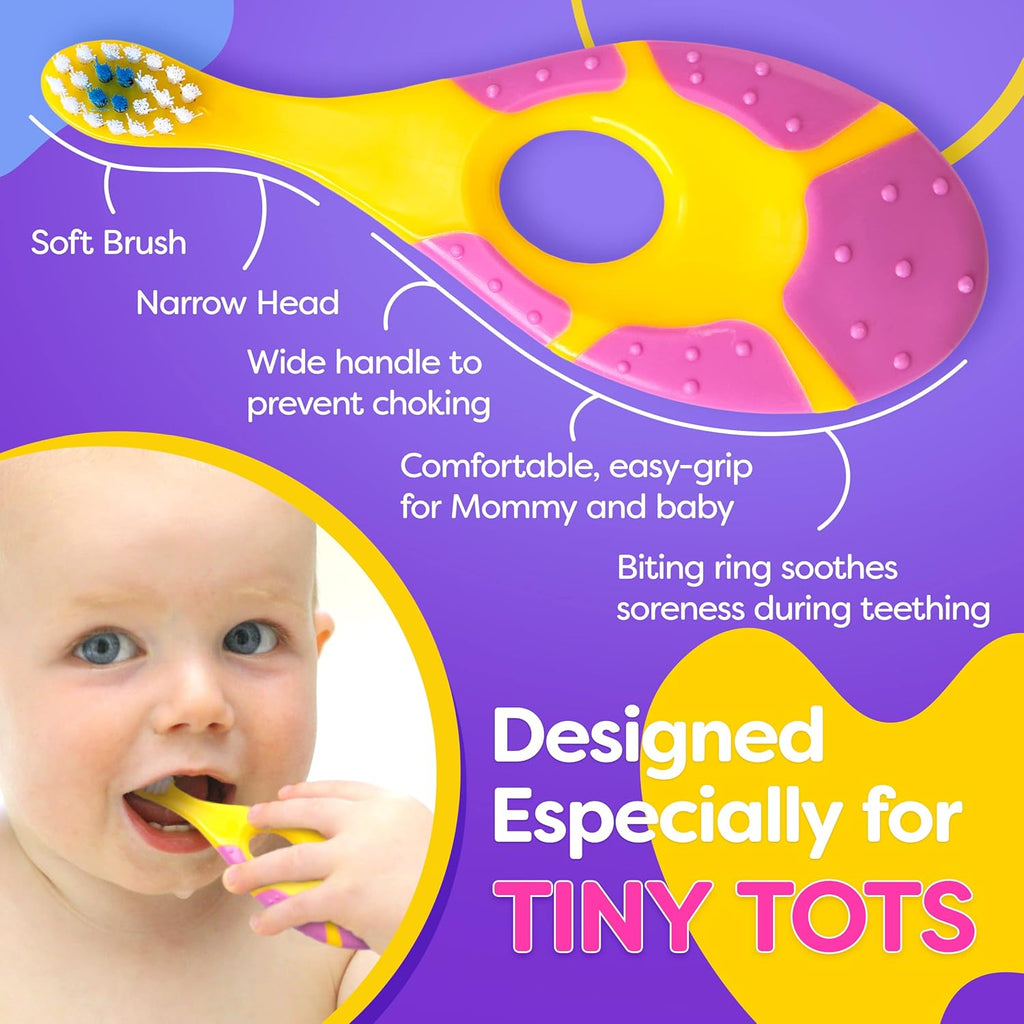 Baby Toothbrush 12 months and up - Toddler Toothbrush - Soft Bristles - Child Sized Brush Heads - Infant toothbrush - Kids Tooth Brush - Easy Storage - Girl Set (4-Pack, Pink & Purple - Color)