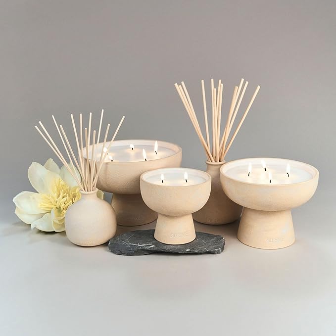 BLUEME Balance-White Lotus & Tea, 2 Wick, Refillable Wellness Candle, Contains Essential Oil, Sustainable, Hand Finished, Hand Poured, Premium, Luxury Ceramic, Natural Cotton Wick, Soy-Wax Blend