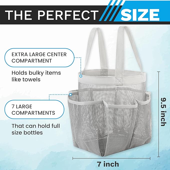 Handy Laundry Masirs Mesh Shower Caddy - 7 Pocket Portable Bathroom Organizer Tote for Travel, Gym & Dorm - Collapsible Small Shower Caddy Bag to Hold Toiletries & Essentials (Gray)