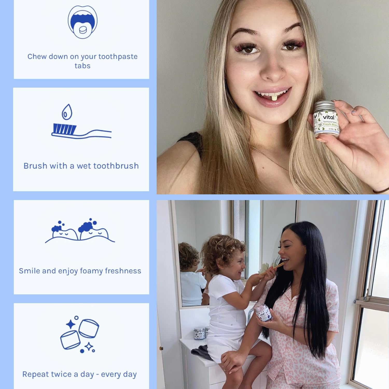 Vital Toothpaste Tabs with 7% Nano-Hydroxyapatite | Naturally Whitens + Remineralizes Teeth | Fluoride & Plastic Free | Combats Sensitivity | Travel & Eco Friendly | Fresh Mint | 62 Tablets (1 Month)