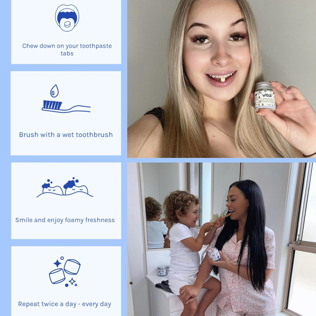 Vital Toothpaste Tabs with Nano-Hydroxyapatite | Naturally Whitens + Remineralizes Teeth | Fluoride & Plastic Free | Combats Sensitivity | Travel & Eco Friendly | Charcoal Mint | 248 Tablets (4 Month)