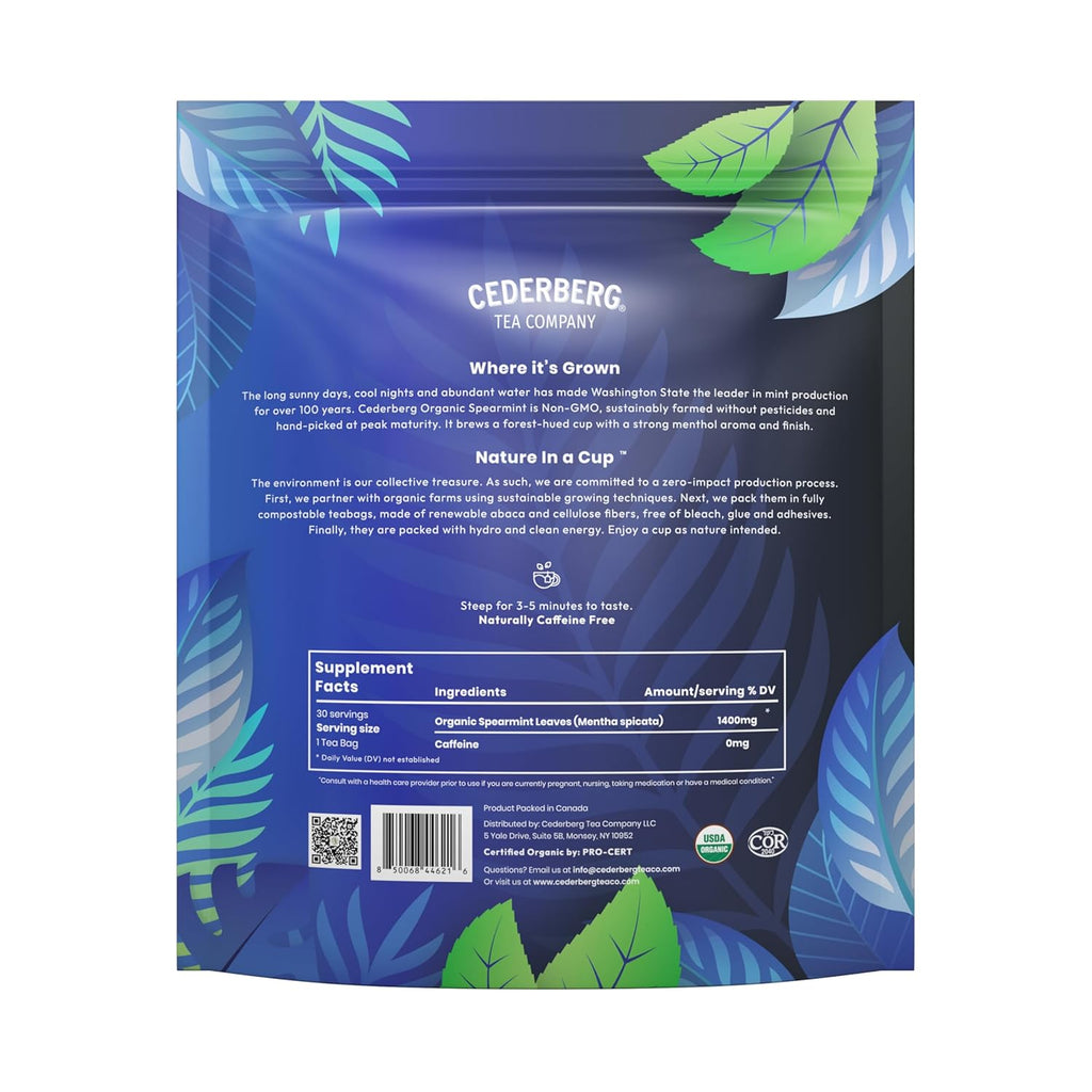 Cederberg Tea Company Organic Spearmint Tea — 30 Tea Bags | Organic Herbal Tea From Single Origin | Eco-Friendly Tea Bags | Non-GMO Caffeine Free Tea With Zero Sugar