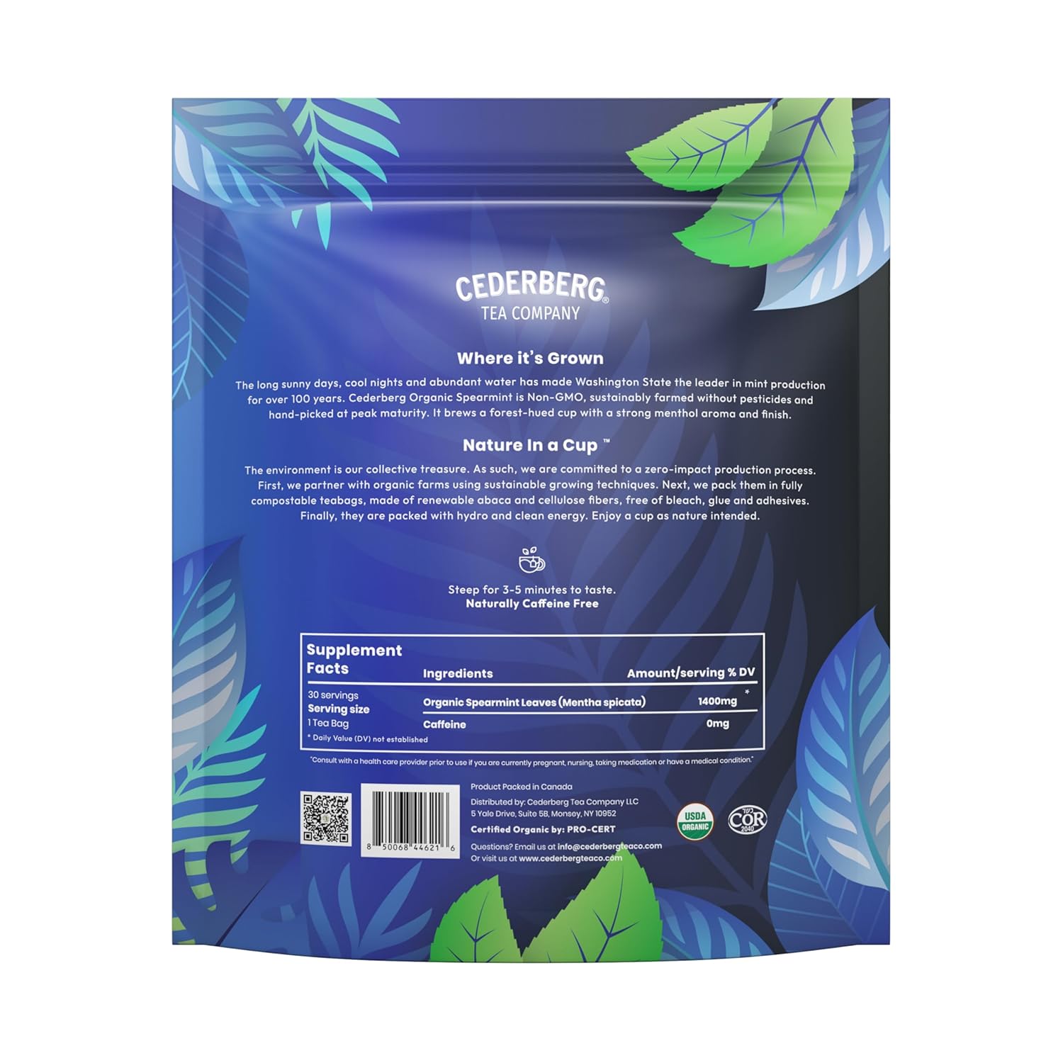 Cederberg Tea Company Organic Spearmint Tea — 30 Tea Bags | Organic Herbal Tea From Single Origin | Eco-Friendly Tea Bags | Non-GMO Caffeine Free Tea With Zero Sugar