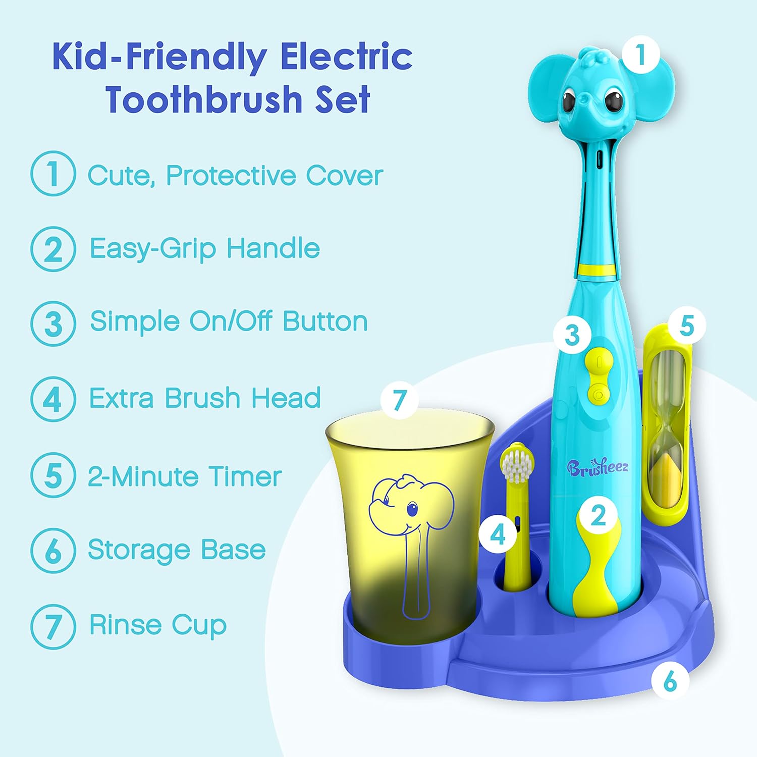 Brusheez Kids’ Electric Toothbrush Set - Safe & Effective for Ages 3+ - Parent Tested & Approved with Gentle Bristles, 2 Brush Heads, Rinse Cup, 2-Minute Timer, & Storage Base (Ollie The Elephant)