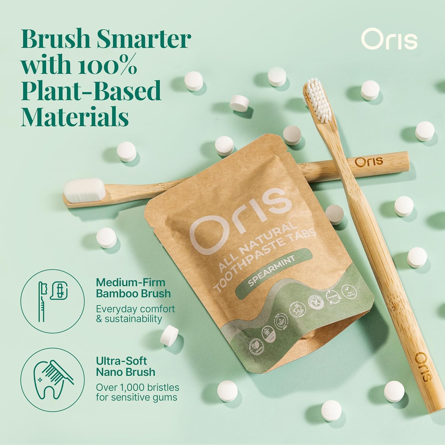 Oris Natural Toothpaste Tabs - Bite Toothpaste Tablets for Sensitive Teeth, TSA-Approved Plastic-Free & Kid-Friendly Zero Waste Travel Tabs - 62ct (Peppermint)