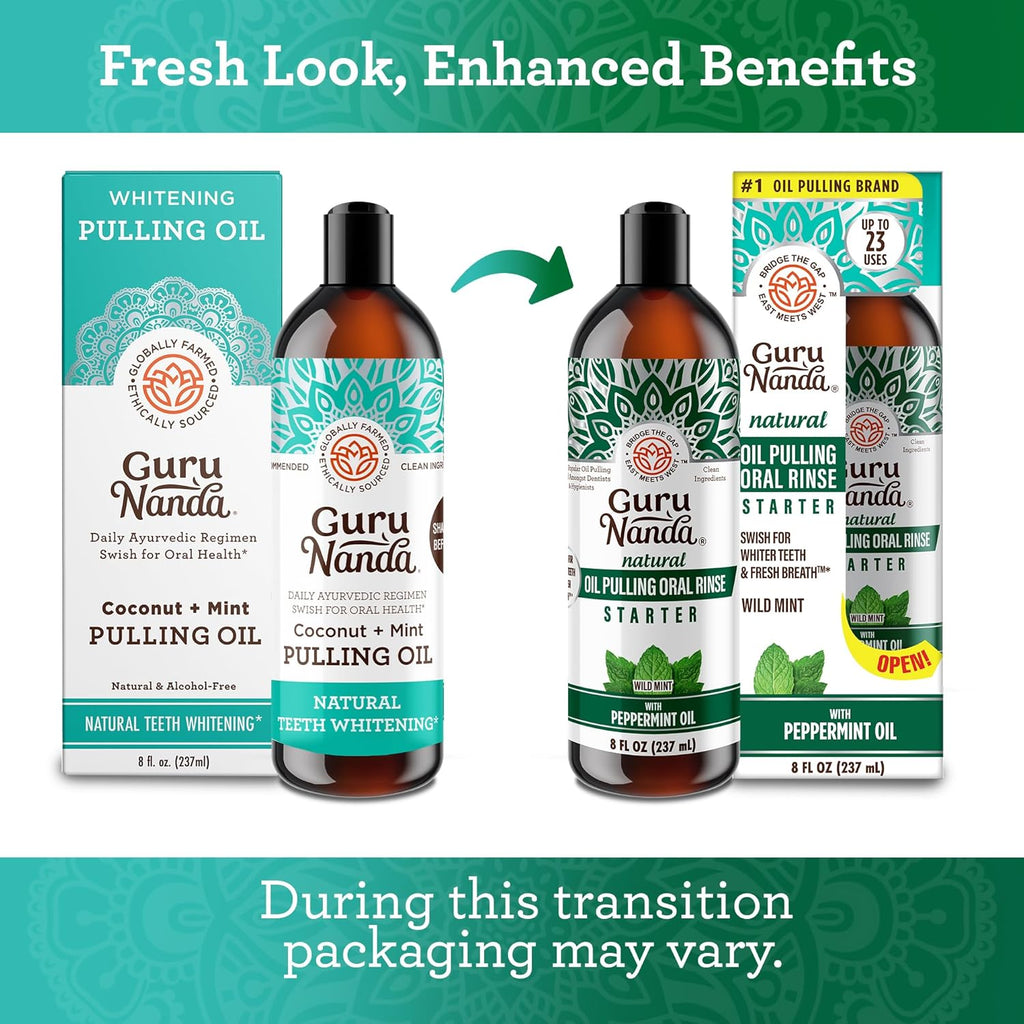 GuruNanda Starter Pulling Oil Mouthwash for Natural Teeth Whitening, Coconut and Peppermint Oil for Fresh Breath & Happy Gums, with Tongue Scraper, Alcohol-Free, 2X8 Oz