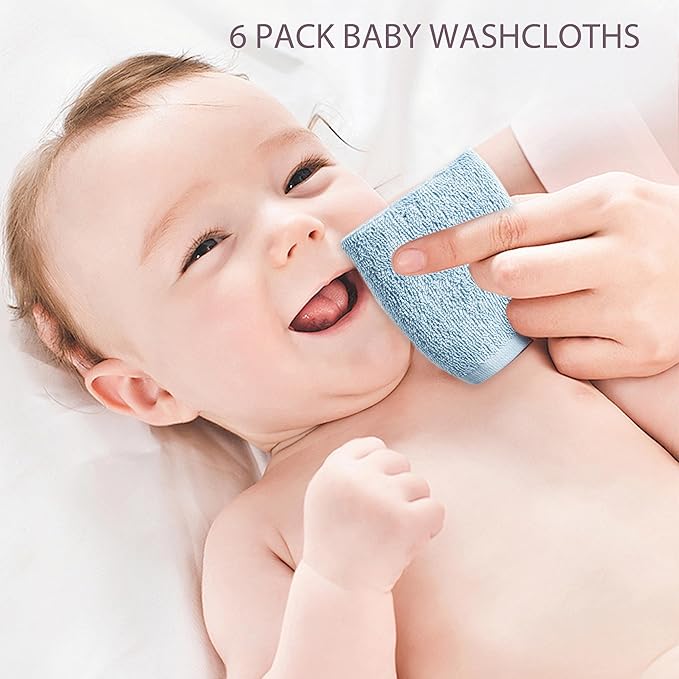 6 Pack Baby Washcloths 100% Cotton Terry Soft and Absorbent Wash Cloths for Face Hand Body Burp Rag Wipes Essentials for Newborns Infants Toddlers Boys Girls