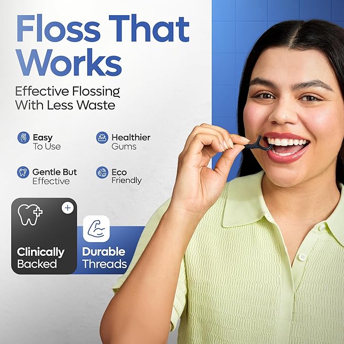 SmartLifeco Eco-Friendly Dual-Thread Dental Floss Picks (100ct) - Flossers Made with Straw Wheat Blend, Natural Teeth Whitening, Tooth Pick Stick for Adults, Activated Bamboo Charcoal Floss Thread