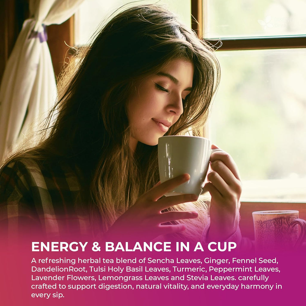 FreshDrinkUS, Premium Herbal Wellness Tea Bags | 75 Count | Blend of Sencha, Ginger, Fennel, Dandelion, Tulsi, Turmeric, Peppermint, Lavender, Lemongrass & Stevia – Herbal Tea. Vegan