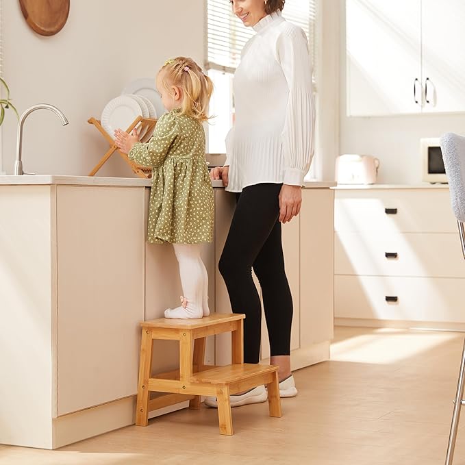 Bamboo Step Stools for Kids, Wooden Stepping Stool for Kitchen/Bathroom/Bedside, Double Step Stool - Holds up to 350Lb (Natural Wood)