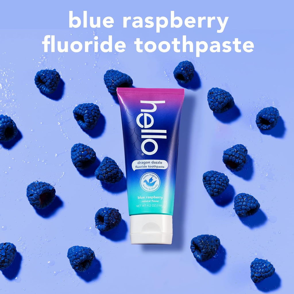 hello Dragon Dazzle Blue Raspberry Kids Toothpaste, Fluoride Toothpaste, Ages 2+, No Artificial Sweeteners, No SLS, Gluten Free, Vegan, Pack of 3, 4.2 OZ Tubes