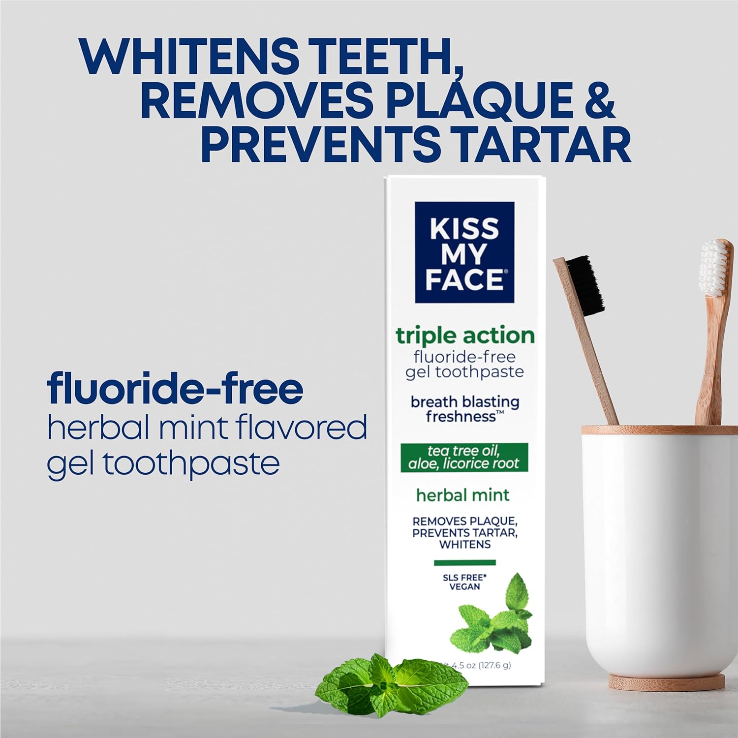 Kiss My Face Triple Action Toothpaste Gel, Herbal Mint Flavor, Removes Plaque, Whitens Teeth, Prevents Tartar, with Tea Tree Oil and Aloe, Fluoride Free, Vegan, 4.5 oz, 6 Pack