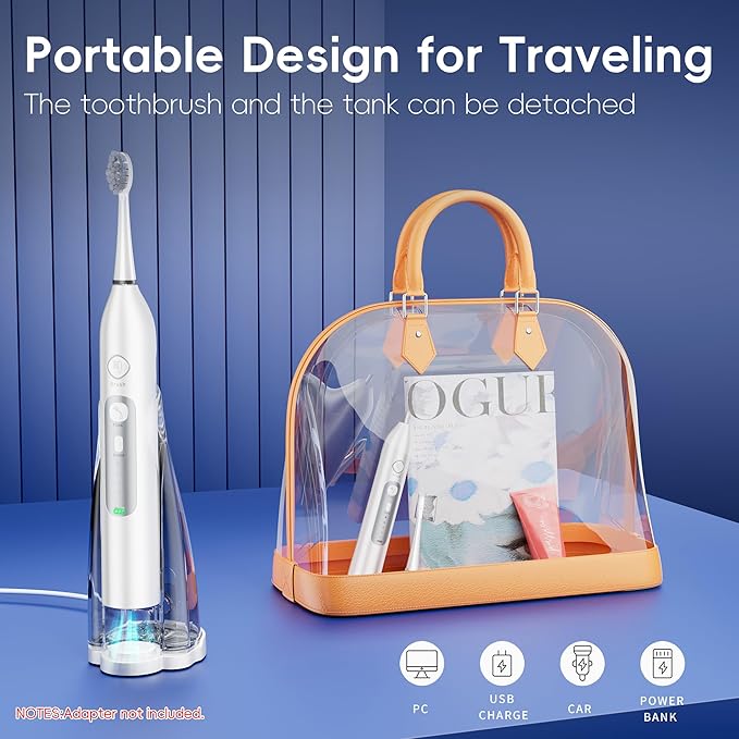 Electric Toothbrush with Water Flosser, 3 Sonic Modes, 5 Flossing Speeds with 3 Brushes + 1 Nozzle, Portable Flossing Toothbrush Combo for Adults Teeth Cleaning Kit for Plaque Removal,White