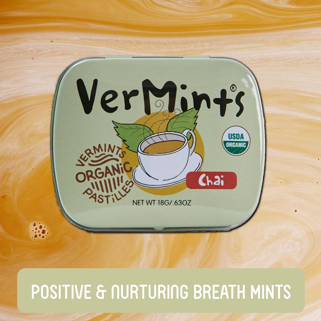VerMints Organic Breath Mints - Real, Lasting Chai Flavored Pastilles - Breath Fresheners in Travel Mint Tins - Non-GMO, Nut Free, Gluten Free, Kosher & Vegan Candy - .63oz/18g (Pack of 12)