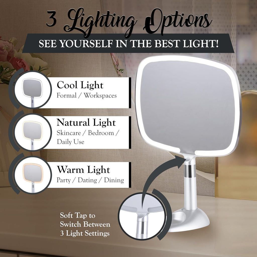 MIRRORVANA Lighted Travel Makeup Mirror - 2 in 1 Hand Mirror & Table Mirror with 3 Lighting Modes, Detachable Stand and Comfy Handle - 9" x 13" (Shiny Silver)