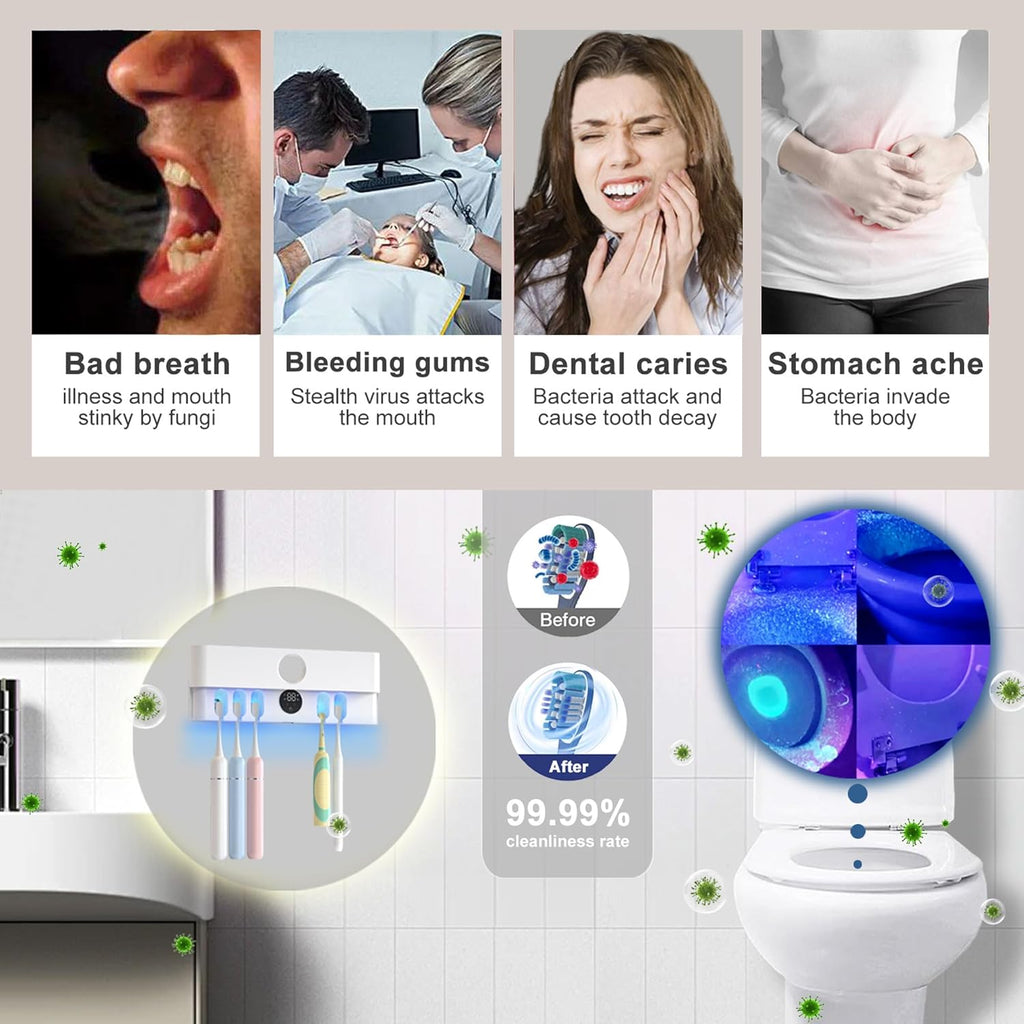 Electric Toothbrush Holder and Cleaner Auto Cleaning and Drying Toothbrushs in Circle Wall Mounted for Bathroom Accessory Auto Open/Close Cover Rechargeable Home Gadgets