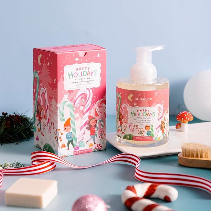 ROMIIE ZOI Christmas Foaming Hand Soap with Gift Box- Happy Holidays, Infused with Peppermint - 500ml/ 16.8oz