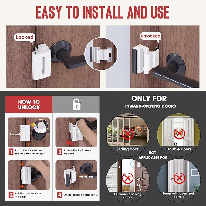 Portable Door Lock for Travel - No Drill Adjustable Latch, Hotel & Apartment Security, Child Proof Interior Defender for Inward Swinging Doors.(White-1PCS)