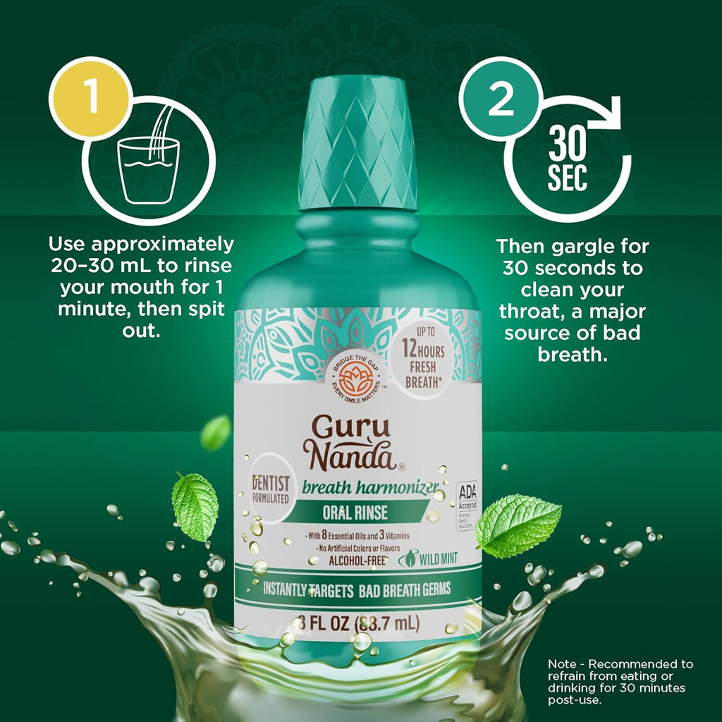 GuruNanda Fresh Breath Mouthwash, ADA-Accepted, Alcohol & Fluoride-Free, Sodium Chlorite, Essential Oils & Vitamins, 12-Hrs Fresh Breath, Wild Mint, 3 oz (Pack of 2)