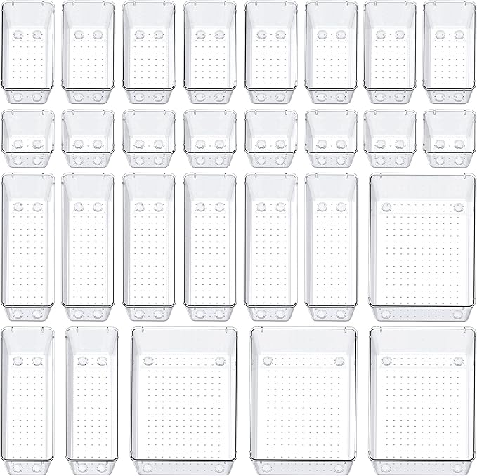 SMARTAKE 28 Piece Drawer Organizers with Non-Slip Silicone Pads, 4-Size Desk Drawer Organizer Trays Storage Tray for Makeup, Jewelries, Utensils in Bedroom Dresser, Office and Kitchen, Clear