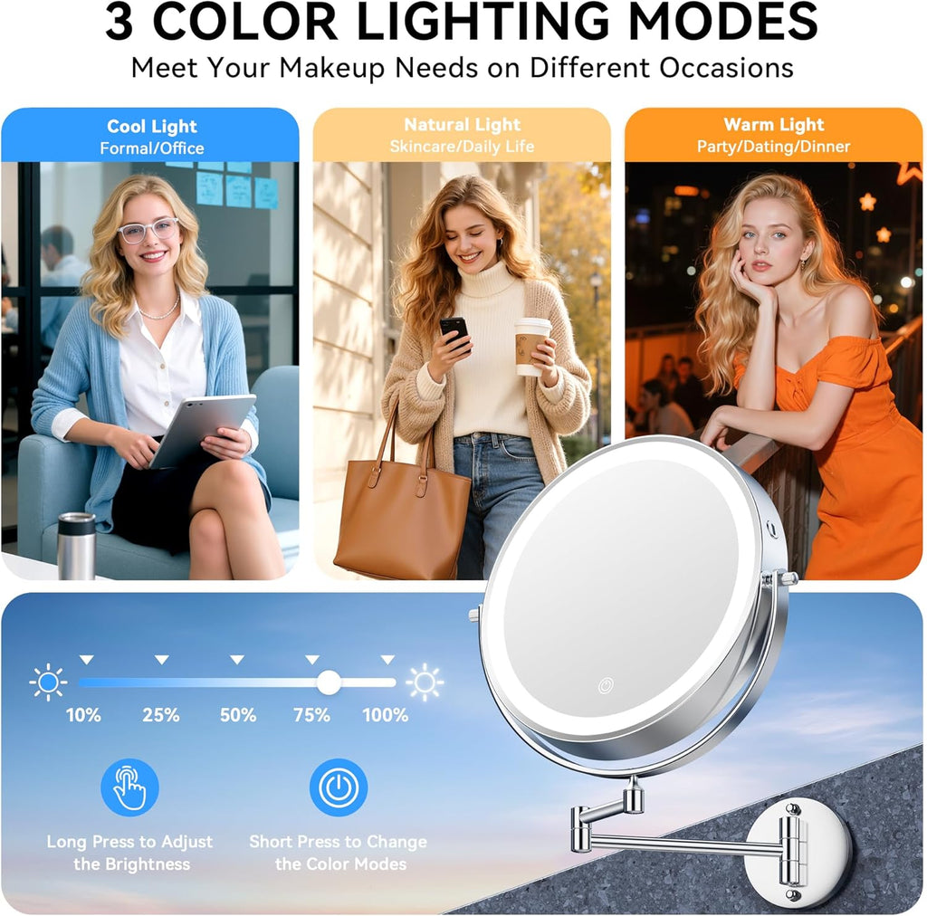 10'' 30X/1X Wall Mounted Lighted Makeup Mirror, 5000mAh Rechargeable Double-Sided Magnifying Mirror with Light, LED Vanity Mirror Touch Dimmable 3 Colors 360° Rotation Extended Foldable Arm, Chrome